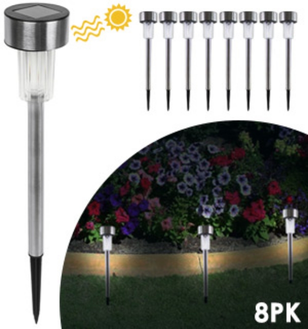 Picture 1 of Solar-Powered Stainless Steel Garden Lights - 8pk