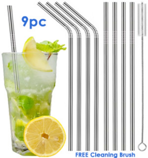 Picture 1 of 9pc Reusable Stainless Steel Straws