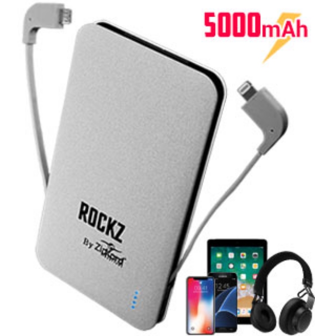 Picture 1 of Rockz 5000 mAH Power Bank w/ Built-In Cables for iPhone and Android Devices
