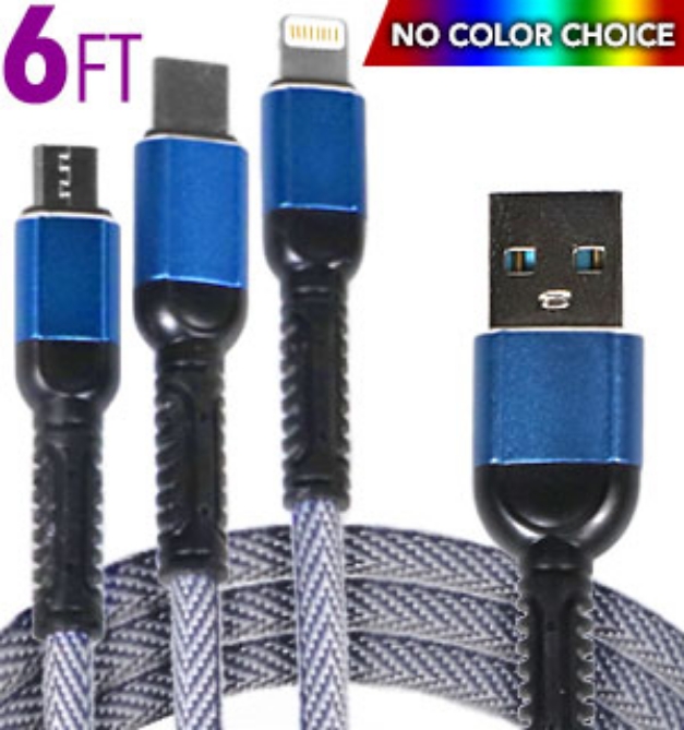 Picture 1 of 6ft Braided 3-in-1 Multi Charging Cord: Android and iPhone-Ready