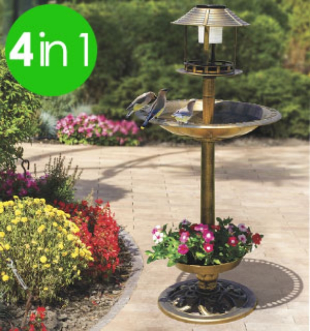 Picture 1 of 4-in-1 Birdbath with Solar Lamp, Feeder, and Planter