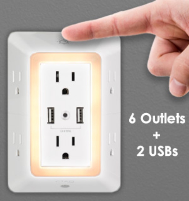 Picture 1 of Multiport 6 Outlet and 2 USB Charging Station Night Light