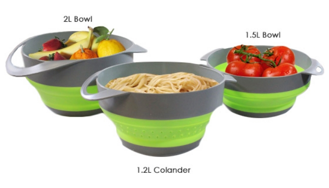 Picture 3 of 3-Piece Silicone Collapsible Bowls with Colander