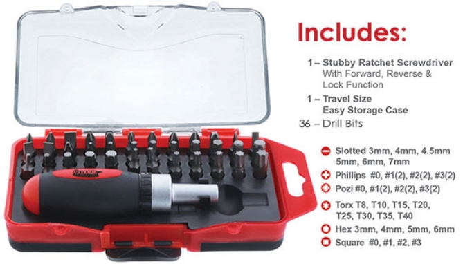 Click to view picture 3 of 38 Piece Stubby Ratchet Screwdriver and Bit Set