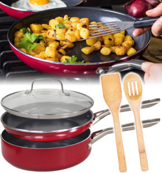 Picture 1 of 5-pc Red Volcano Cookware Set includes FREE Bamboo Utensils
