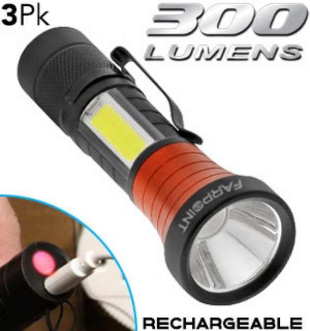 Picture 1 of 3-Pack of 300 Lumen Rechargeable Tactical Micro Flashlight w/ Top & Side Beams
