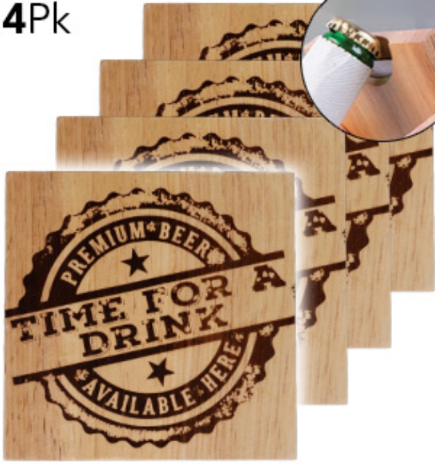 Picture 1 of 4-Pack of Wooden Coaster w/ Built-In Bottle Opener (Dented Packaging)