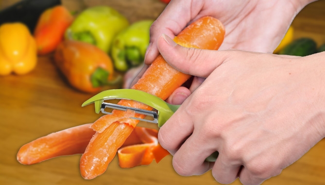 Click to view picture 2 of Upright Standing Serrated Produce Peeler With Ergonomic Grip