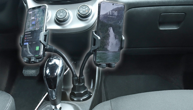 Click to view picture 2 of Dual Phone Cup Holder Mount With Adjustable Gooseneck