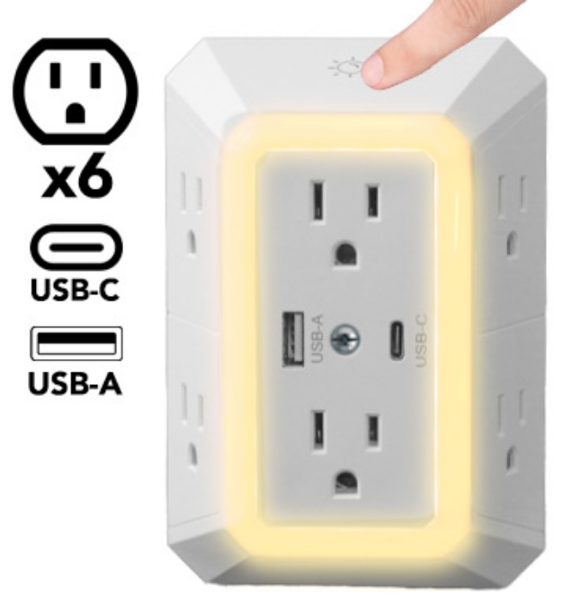 Picture 1 of Modern Multiport Surge Outlet and USB Charging Station Night Light