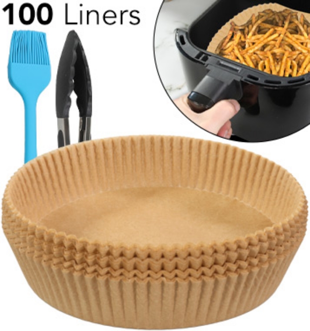 Picture 1 of 100ct Disposable Air Fryer Liners With Tongs and Basting Brush